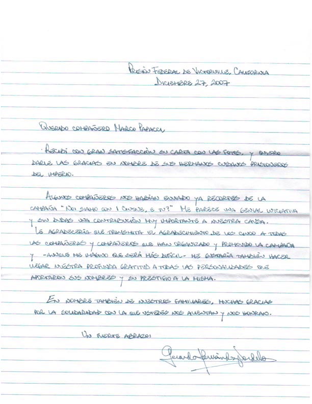Lettera di Gerardo Hernández Nordelo a Marco Papacci