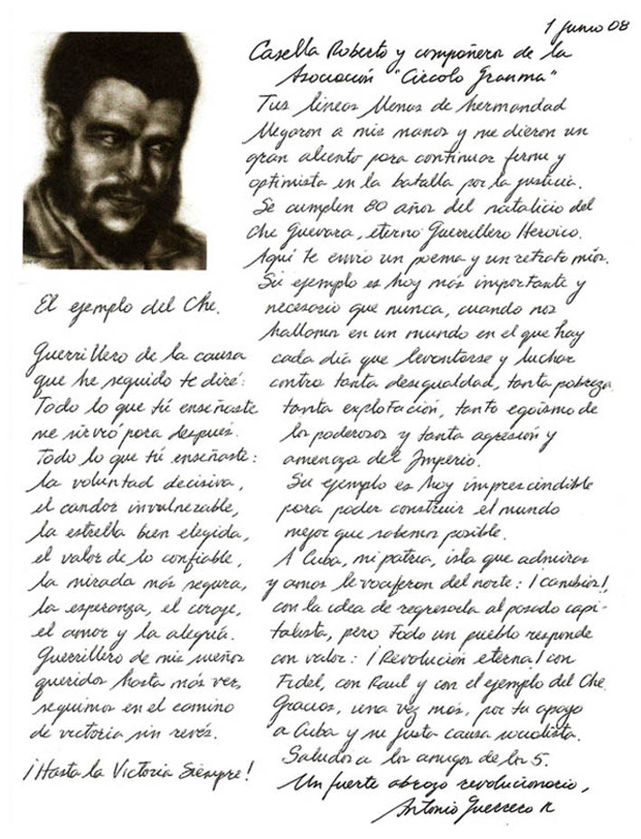 Carta de Antonio Guerrero para Roberto Casella y el Circolo 