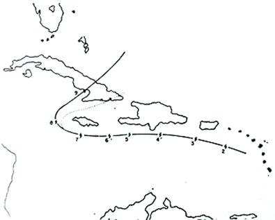 Gráfica de la trayectoria del huracán que devastó el poblado de Santa Cruz del Sur el 9 de noviembre de 1932, publicado por el Diario de la Marina